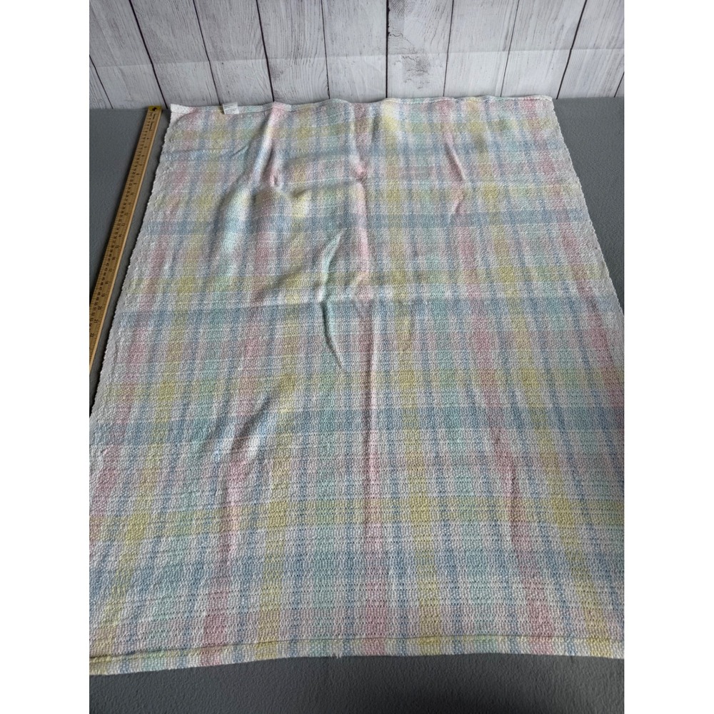 Vintage Pastel Plaid Cotton Waffle Knit Baby Blanket Pink Blue Yellow 34x46